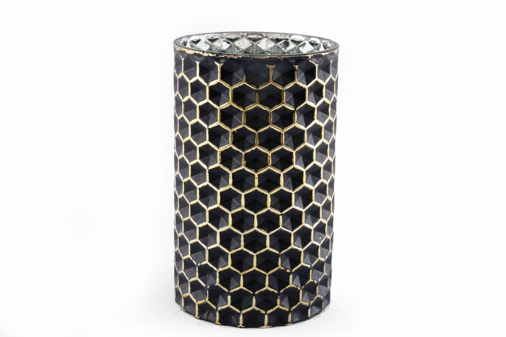 Premium Honeycomb Vase: Elegant, High-Quality Glass in Black with Gold Edged Pattern