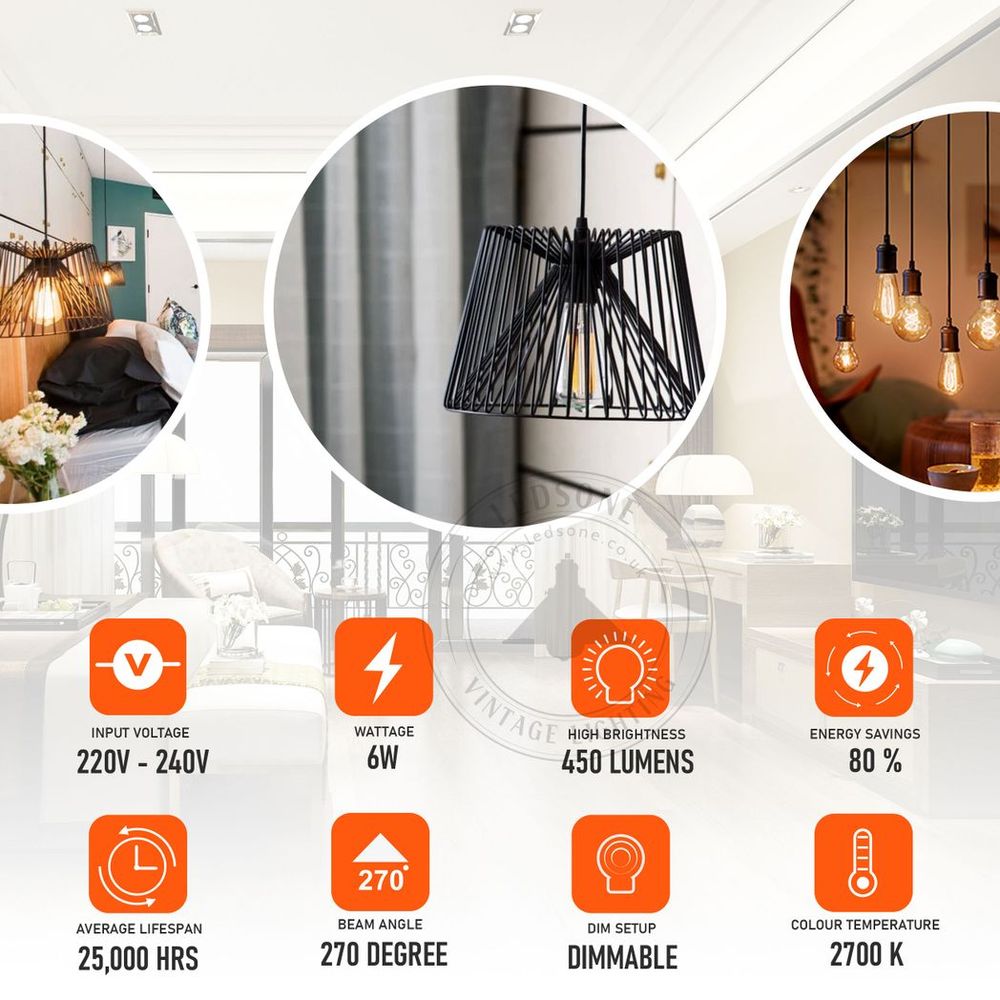 Vintage Amber Glass LED Bulb - 2 Pack, E27 Dimmable, Warm white 2700K, 450lm, Energy-saving