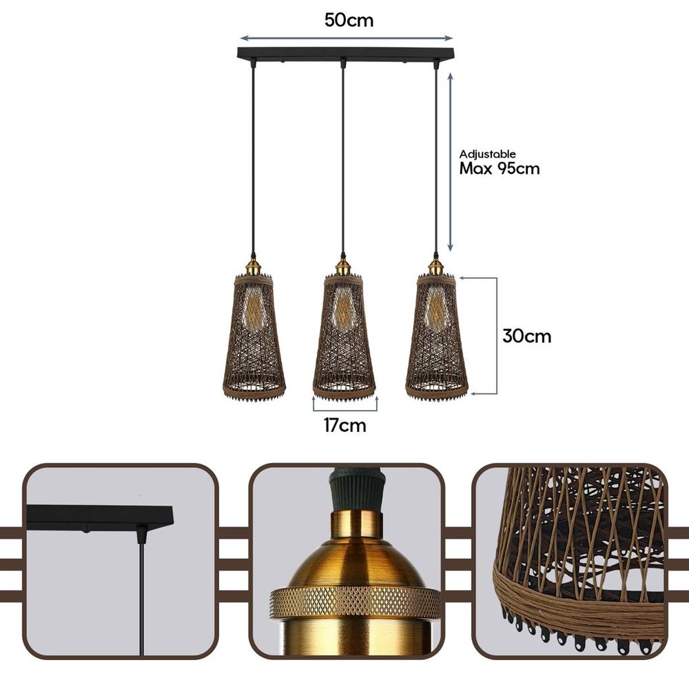 Retro Industrial Vintage Rattan Ceiling Pendant - 3 Head Natural Wicker Basket Style - High-Quality Materials - Dimmable - Free Shipping