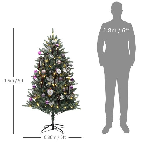 HOMCOM 5ft Artificial Prelit Christmas Tree w/ LED Lights, Purple Ornaments