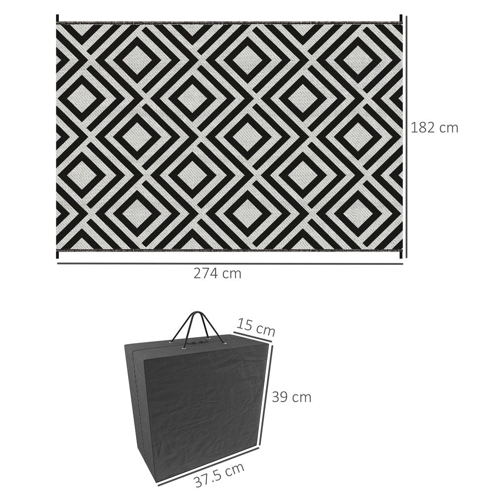 Outsunny Reversible Waterproof Outdoor Rug with Carry Bag, 182 x 274 cm, Black