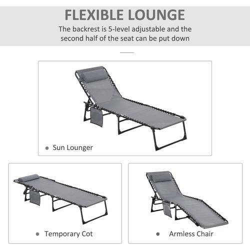 Portable Sun Lounger, Reclining Lounge Chair 5-position Adjustable Pillow Grey
