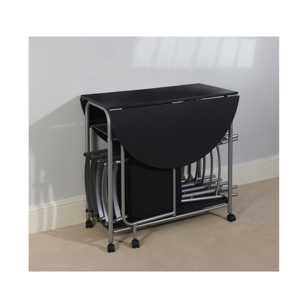 Greenhurst Stowaway Dining Set, Drop Down Table & 4 Folding Chairs, Max Table Size: L115 x D84 x H80cm (Black and Silver)