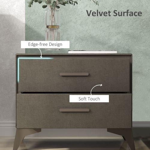 HOMCOM Velvet Bedside Table with 2 Drawers and Steel Legs, Brown