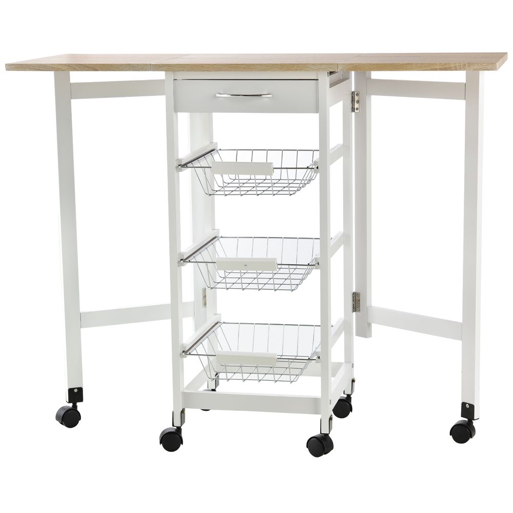 MDF Extendable Kitchen Island Trolley - White, Steel Drawers, Oak Countertop