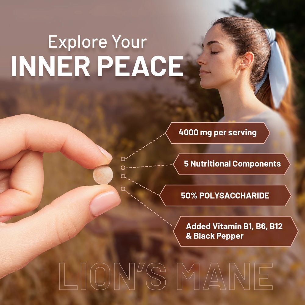Lions Mane Mushroom Supplement 4000mg with Vitamin B1, B6, B12 & Black Pepper - 180 Super Strength Vegan Tablets with 50% Polysaccharides (Not Powder or Capsules) | Made in The UK by Prowise