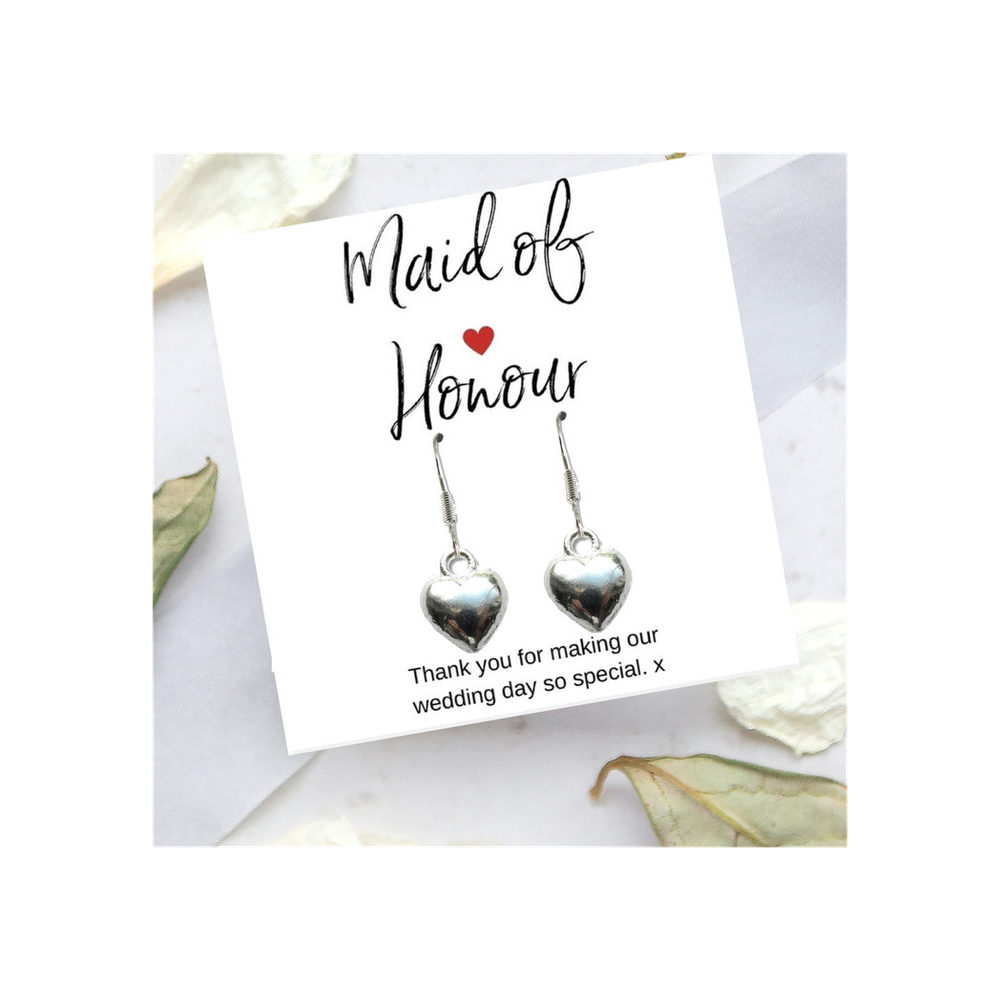 Heart Earrings & Thank You Card Set - Perfect Gift for Maid of Honour