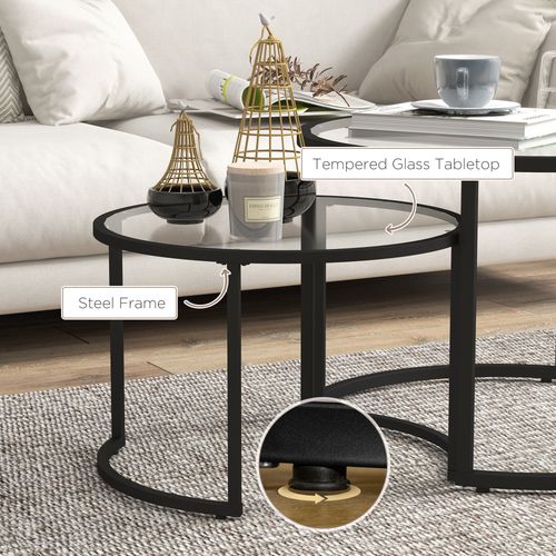 HOMCOM Glass Coffee Table Set of 2, Round Nest of Tables for Living Room