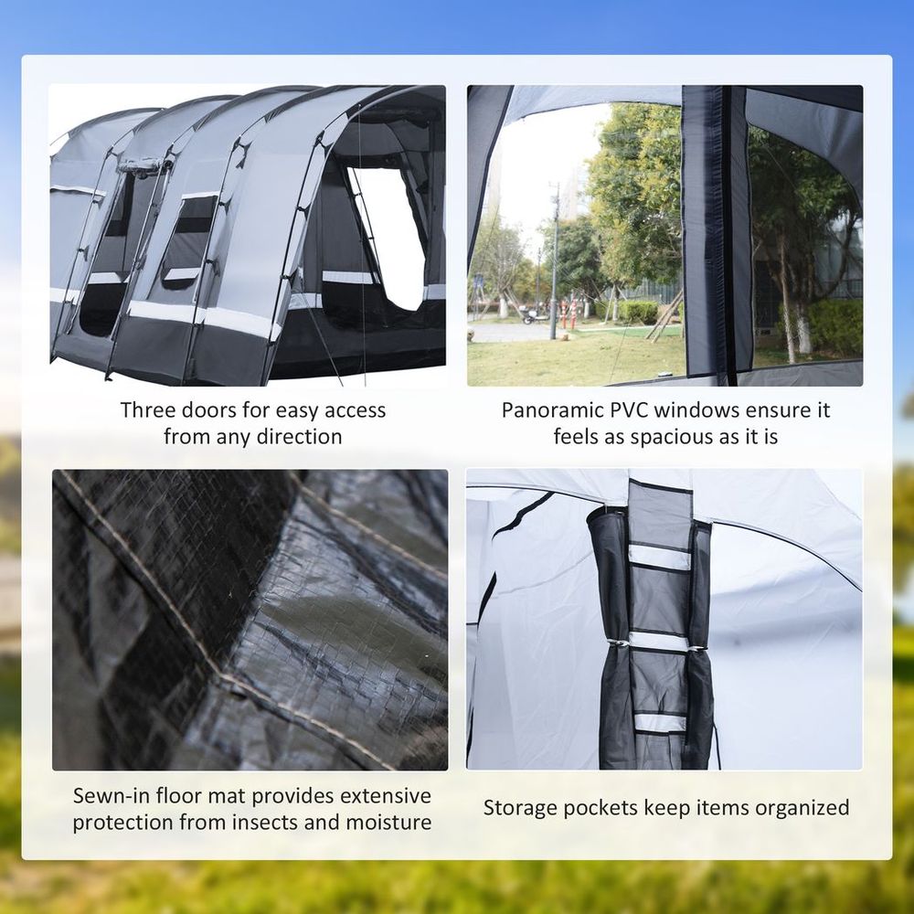 Premium 8-Person Camping Tent with Tunnel Design, 4 Large Windows, Dark Grey
