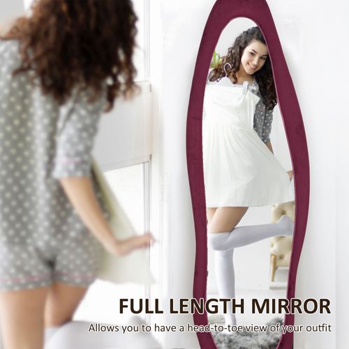 HOMCOM Irregular Full Length Mirror with Velvet Frame 160 x 50cm Wine Red