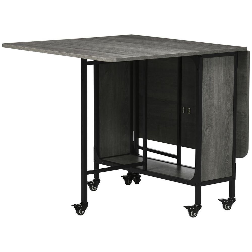 HOMCOM Mobile Drop Leaf Table Folding Kitchen Table Extendable Dining Table For Small Spaces With 6 Wheels & Storage Shelf Grey