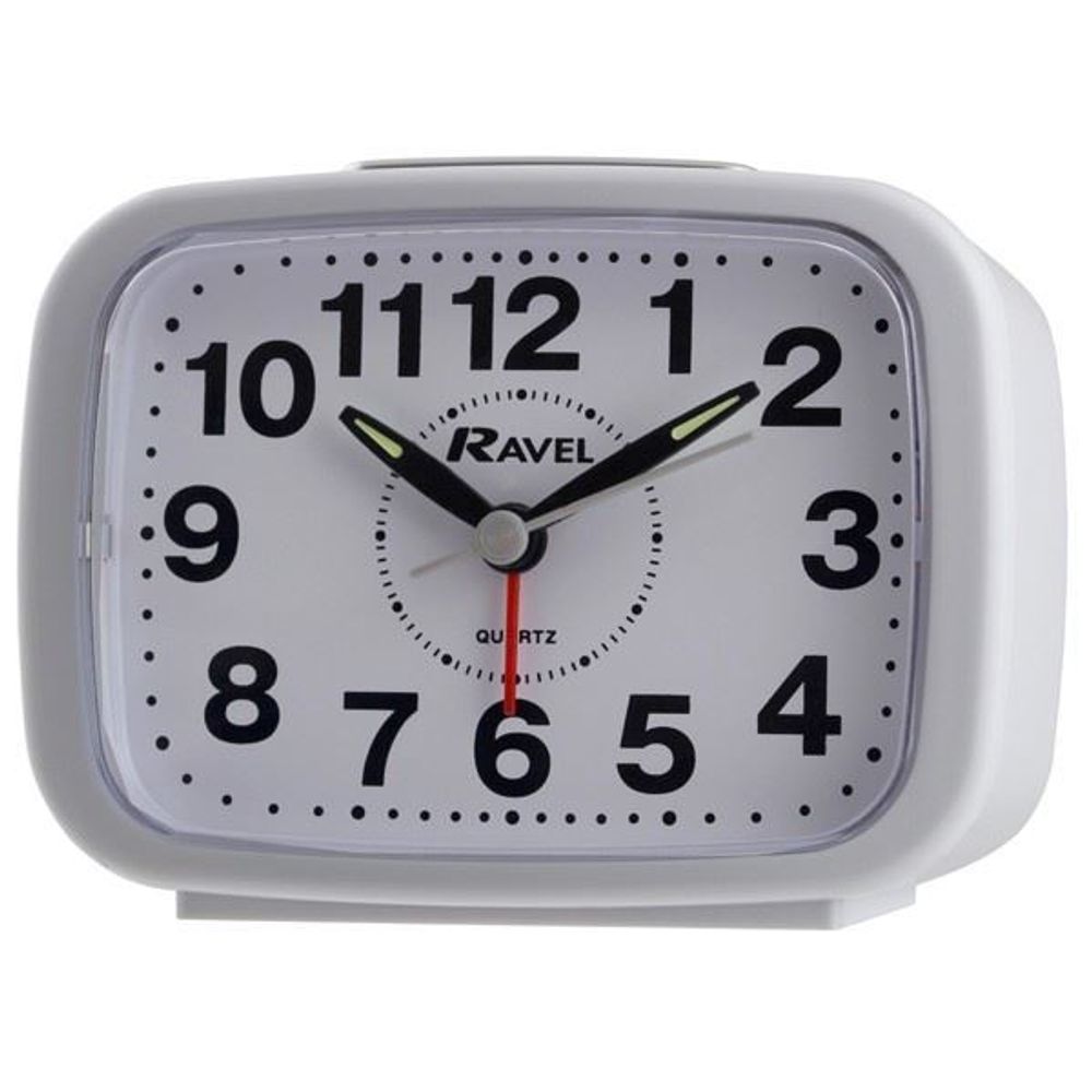 Ravel Square White Alarm Clock RC008.04 - Coloured Plastic Case, Silent Sweep, Beep/Bell Alarm. Quality Quartz Movement.