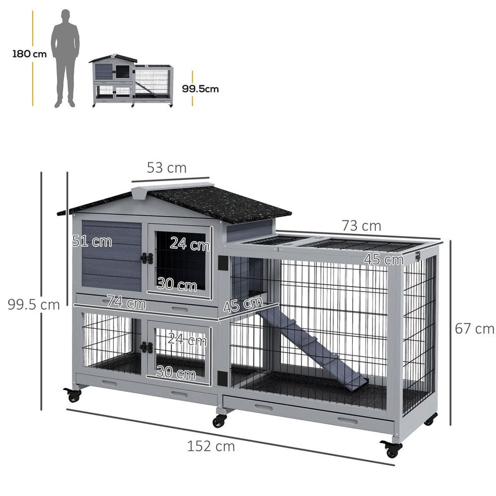 PawHut Large Rabbit hutch Outdoor Indoor w/ Wheels, Three Slide-Out Trays, Ramp