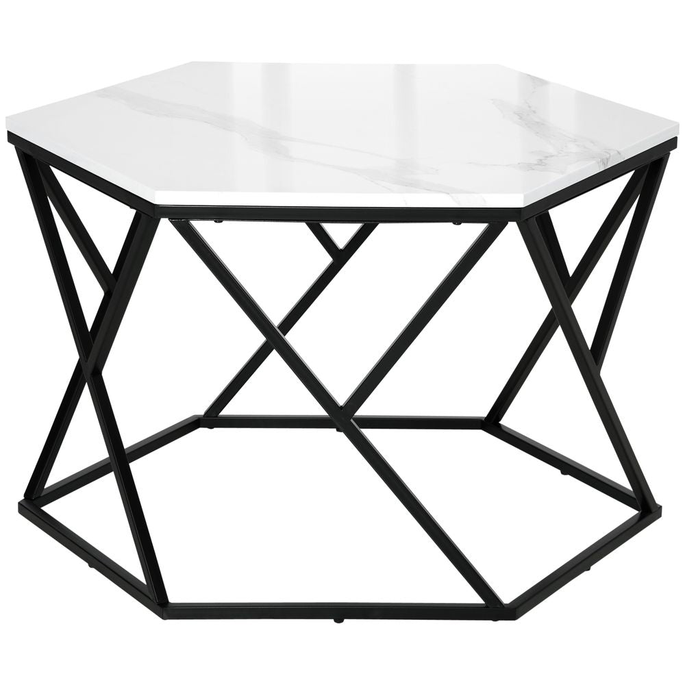 HOMCOM Hexagonal Coffee Table with High Gloss Marble Effect Table Top, Modern Cocktail Table with Steel Frame for Living Room, White