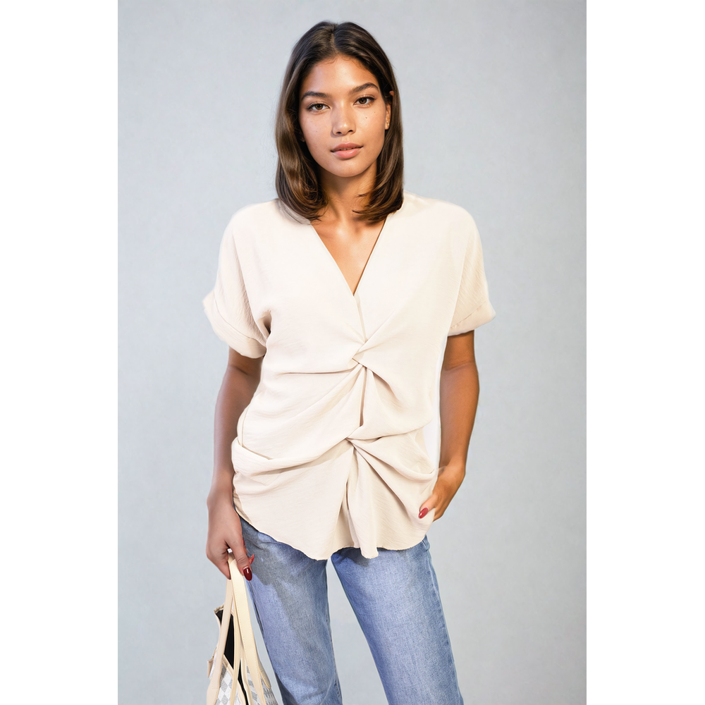 Effortlessly Chic V-Neck Twist Front Top: Perfect for Casual or Formal Settings, Comfortable Fit, Versatile Style