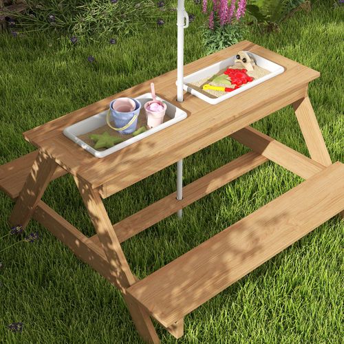 AIYAPLAY Wooden Kids Picnic Table, Sand and Water Table w/ Benches, Parasol
