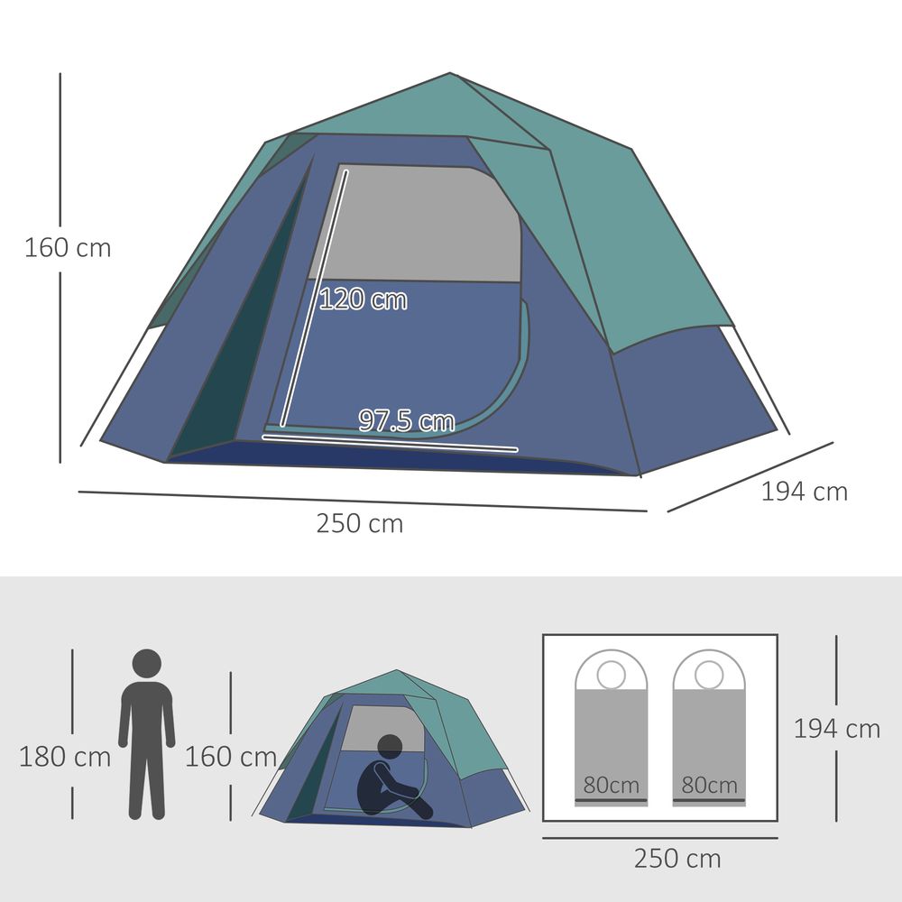 Outsunny Pop up 3 Person Family Camping Tent Waterproof Dome Lightweight Ventilated Easy to Assemble Large Door + 4 Windows Dim. 2.5L x 1.94W x 1.6H m Fibreglass Polyester Oxford Blue Green