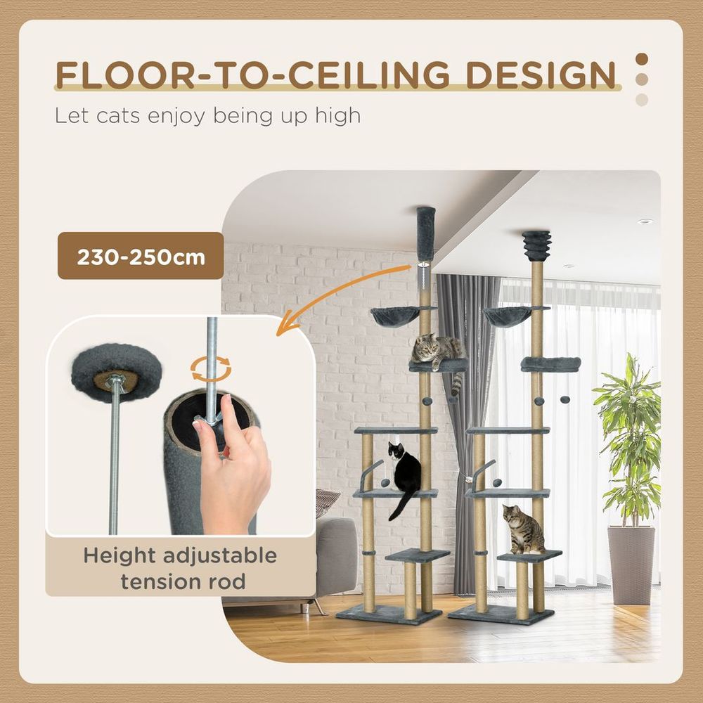 Ultimate 6-Tier Cat Tree - Scratching Post, Bed, Hammock - 54x34x230cm - Grey