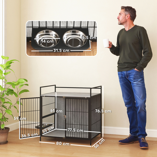 PawHut Dog Crate Furniture with Rotating Bowl Holder for Medium Dogs, Grey