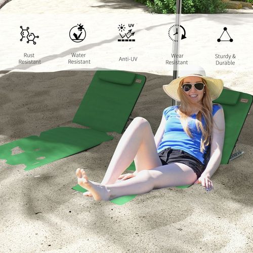 Outsunny 2 Pieces Outdoor Beach Mat Steel Reclining Chair Set with Pillow Green