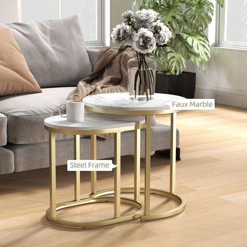 HOMCOM 2 Pcs Coffee Table with Faux Marble Side Accent Tables White