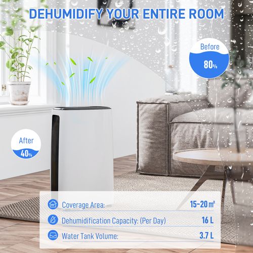HOMCOM 16L/Day Dehumidifier for Home Damp, Mould, Laundry Drying, White