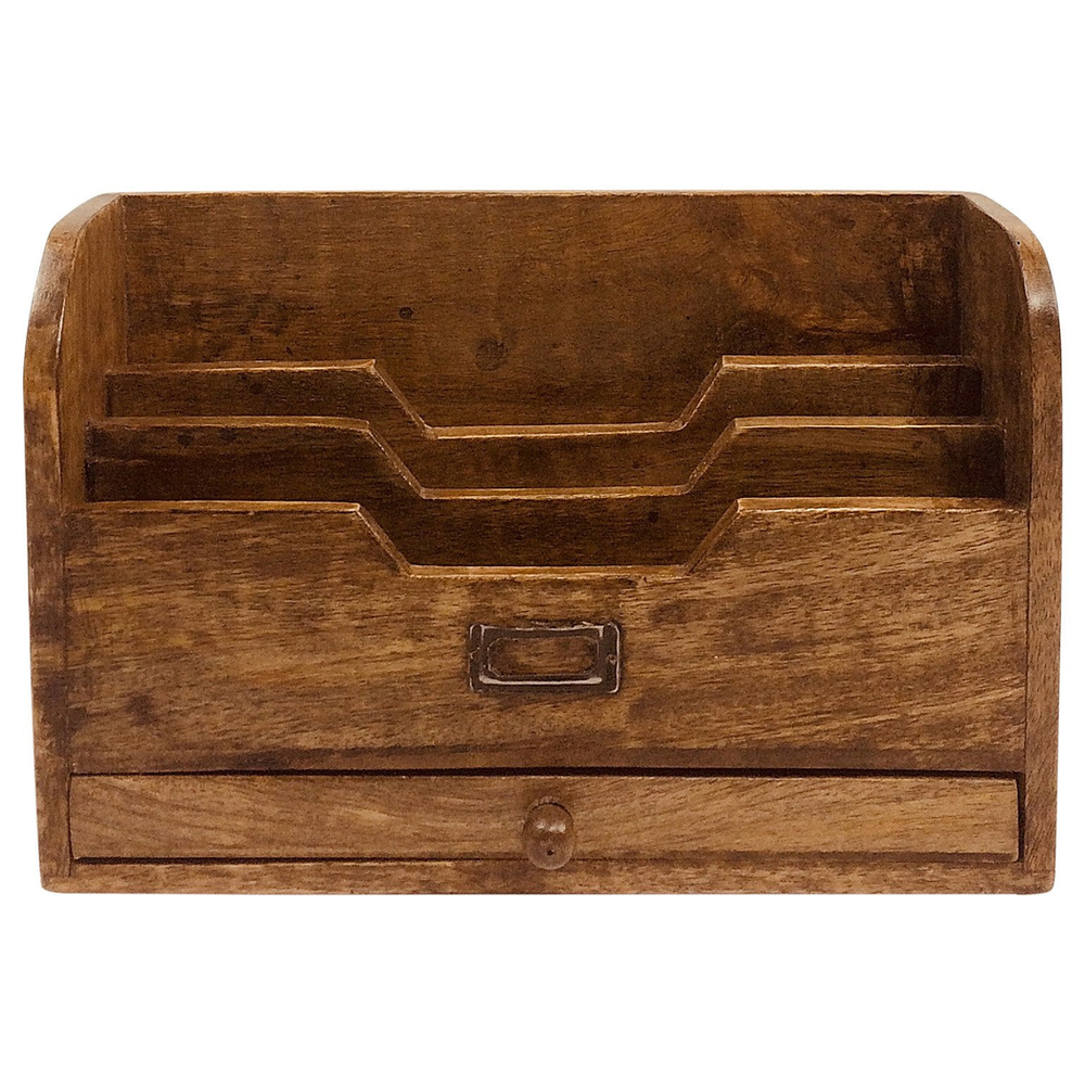 Classic Letter Rack: Varnished Mango Wood, Drawer, Metal Nameplate - 31x11x20cm
