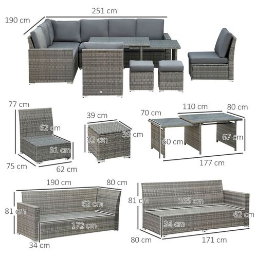 Outsunny 10-Seater Sofa Sectional W/ Cushioned Seat, Footstools and Glass Table