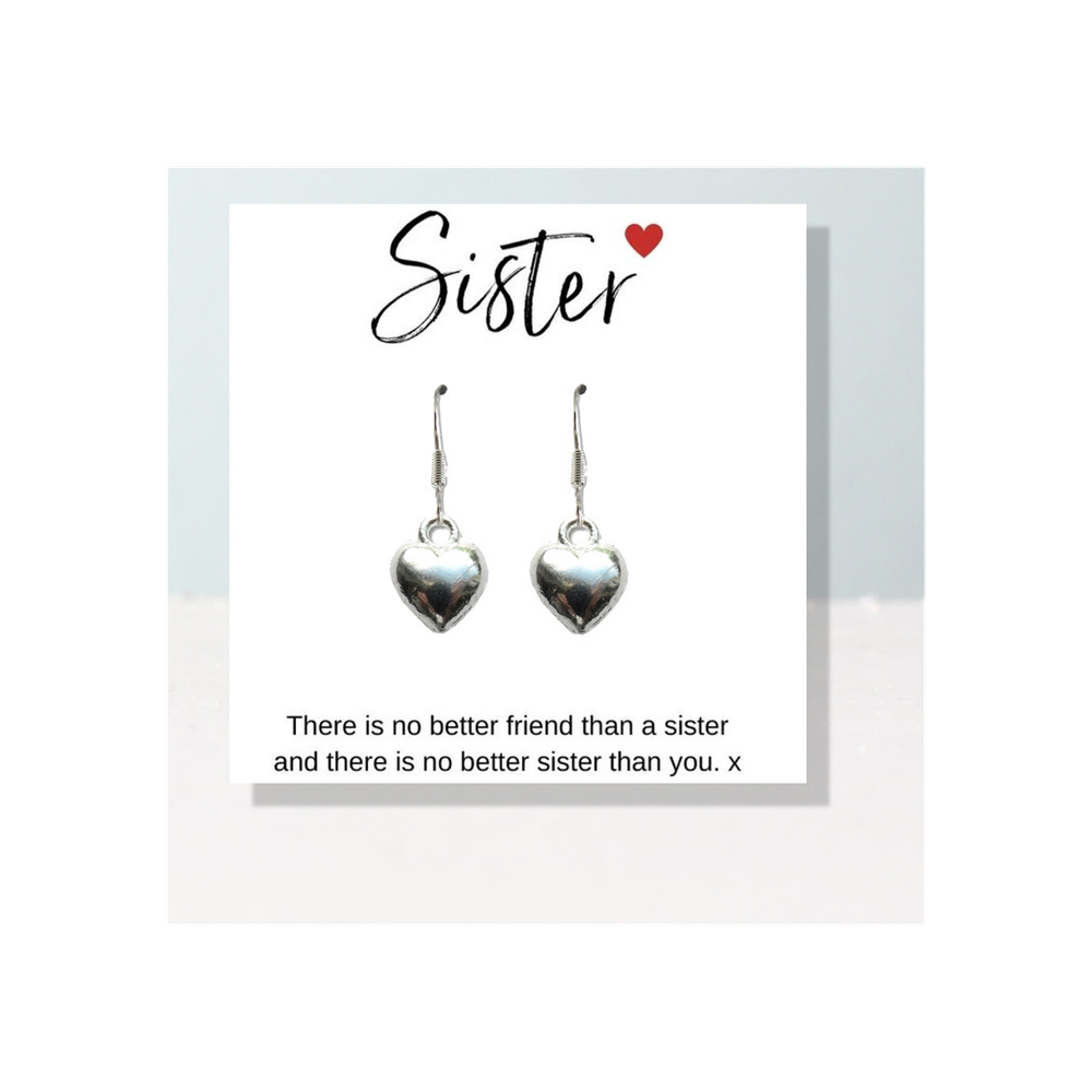 Silver Heart Earrings & Sister Message Card