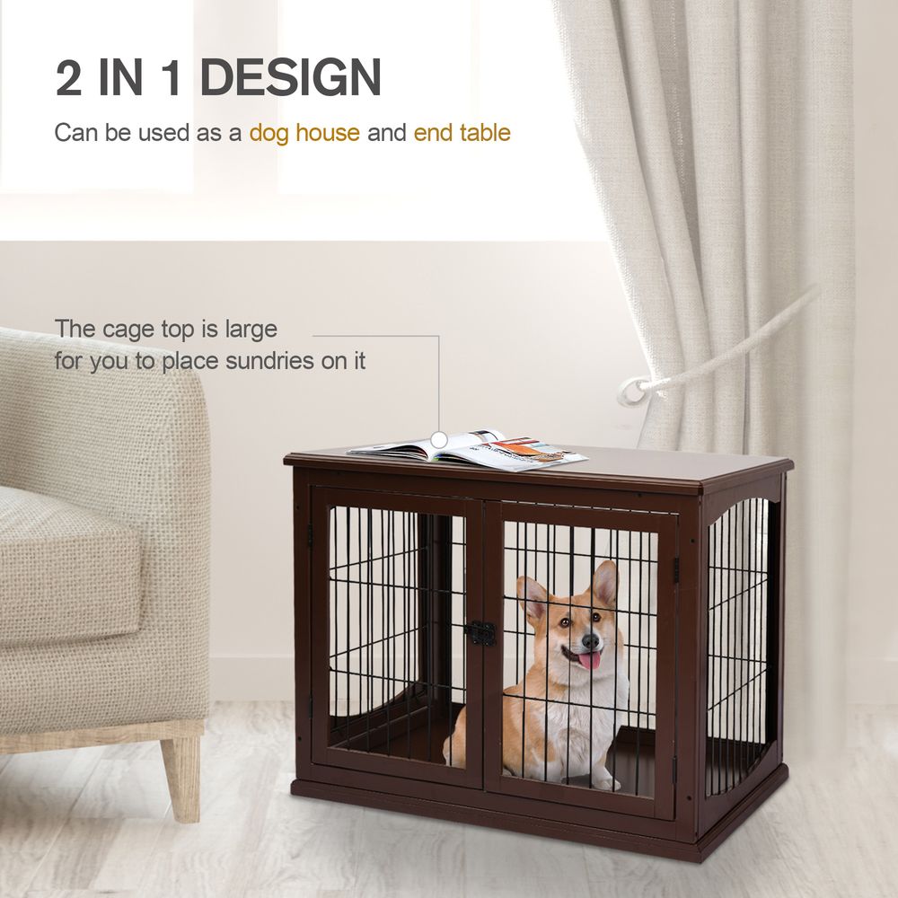 PawHut Dog Crate, Furniture Style Puppy Cage End Table, Pet Kennel House with 3 Doors for Small Dog, Brown 81 x 58.5 x 66 cm