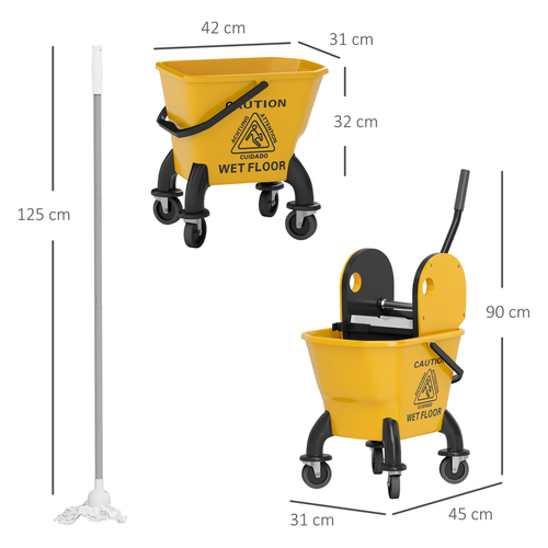 HOMCOM Mop Bucket with Wringer on Wheels for Floor Cleaning 26 Litre Yellow