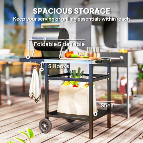 Outsunny BBQ Trolley with Foldable Side Table, Movable Pizza Table, Black