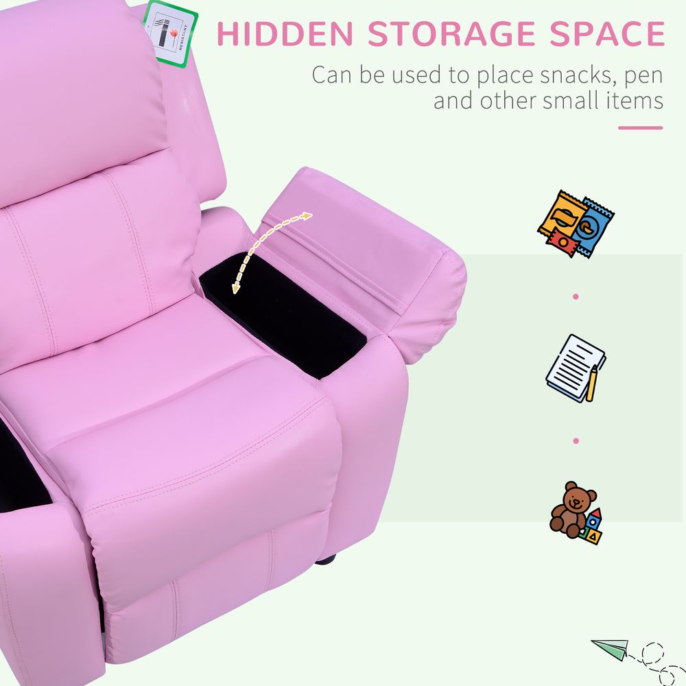 HOMCOM Kids Sofa Armchair Toddler Recliner Children's Chair Lounger Games Chair PU Leather w/Storage (Pink)