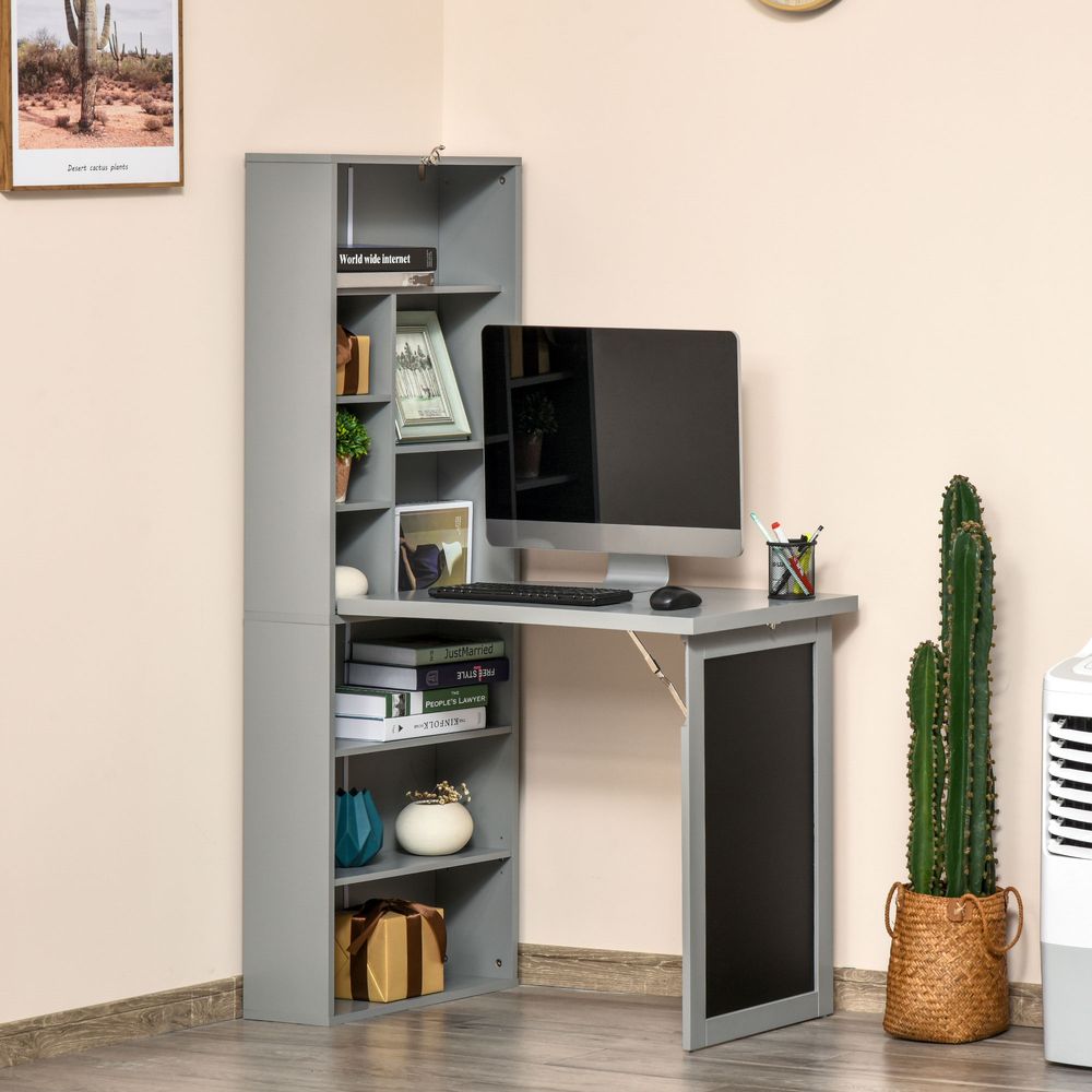 HOMCOM Fold-out Convertible Writing Desk Wall Mount Cabinet with Blackboard and Side Shelf Multi-Function Home Office Workstation, Grey 98 x 51 cm