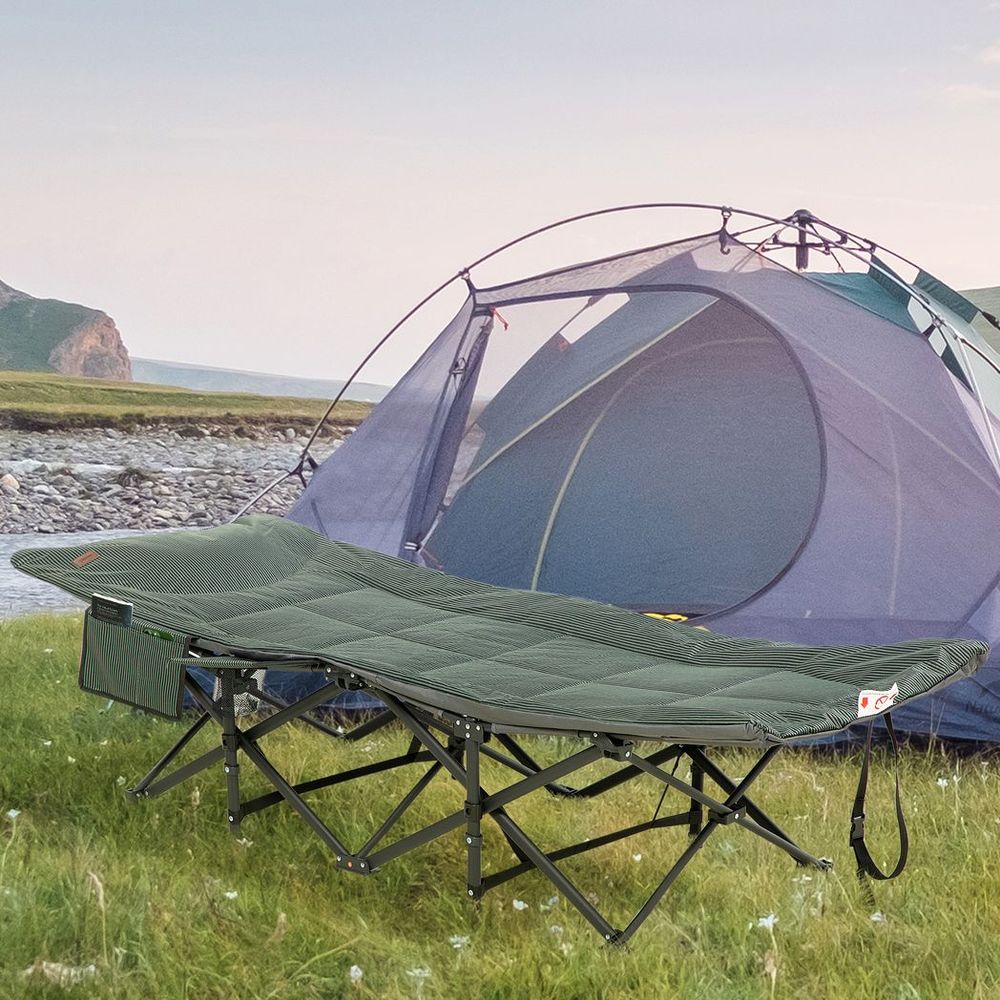 Premium Outdoor Camping Bed - Carry Bag, Magazine Bag & Cup Holder Included