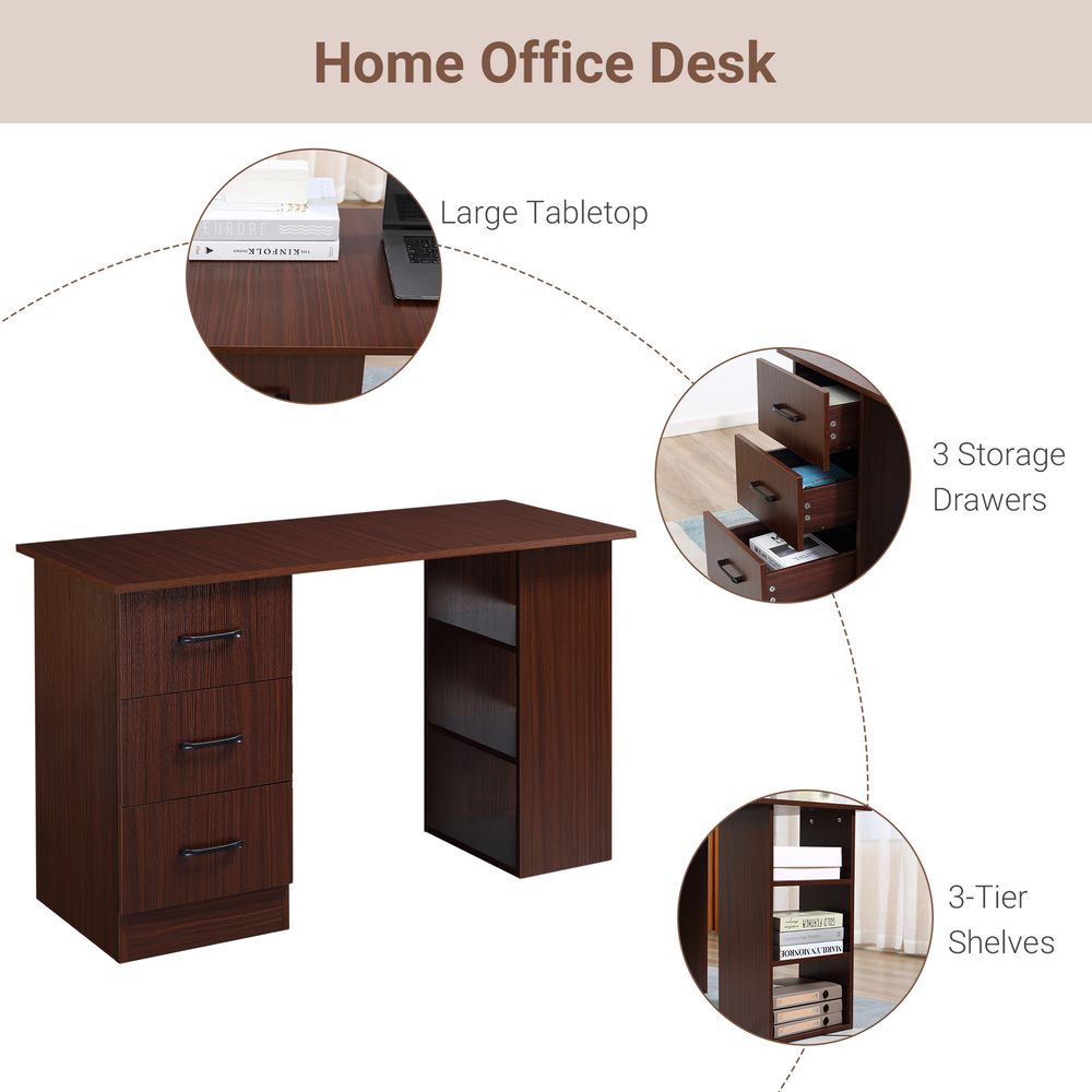 HOMCOM Computer Desk, Writing Table, PC Workstation with 3 Storage Shelves and Drawers, Black Handle, for Home Office, Walnut Brown