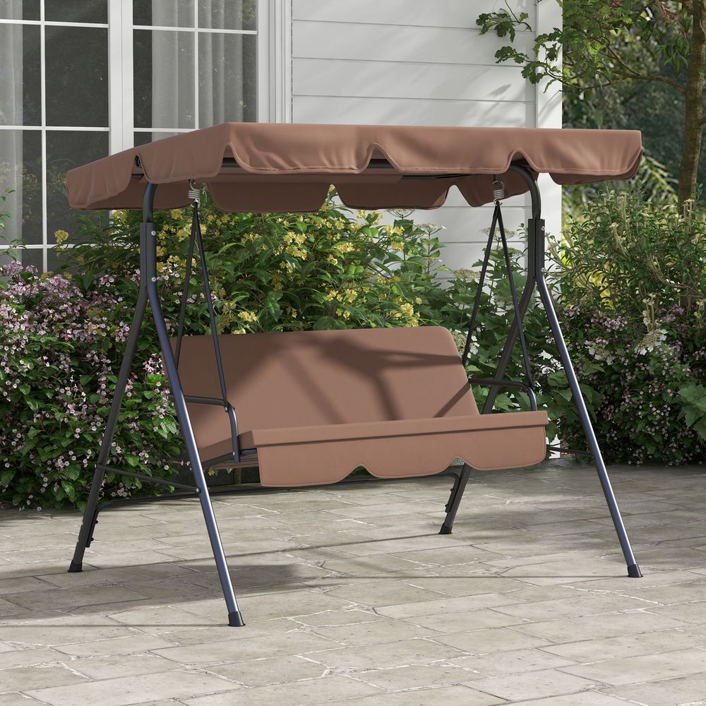 Outsunny 3-Person Porch Swing Chair with Adjustable Canopy - Brown