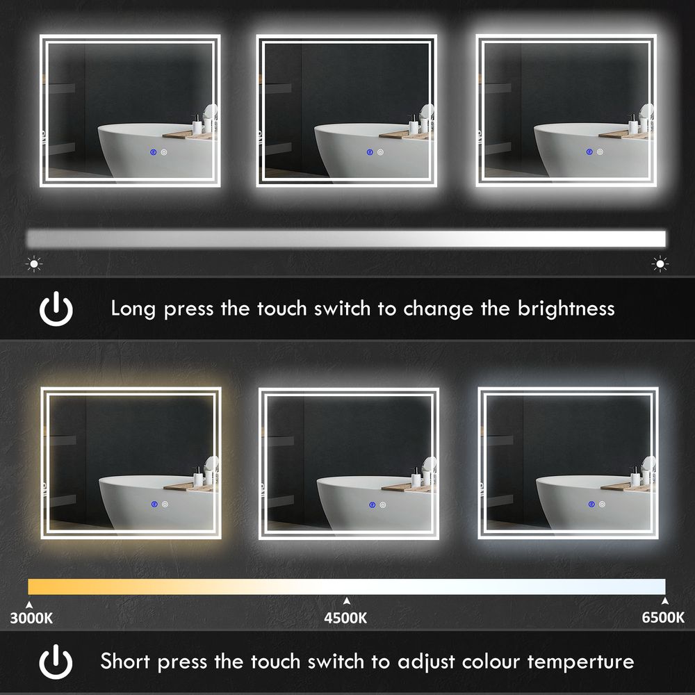 kleankin Dimmable Bathroom Mirror with LED Lights, 3 Colours, Defogging Film