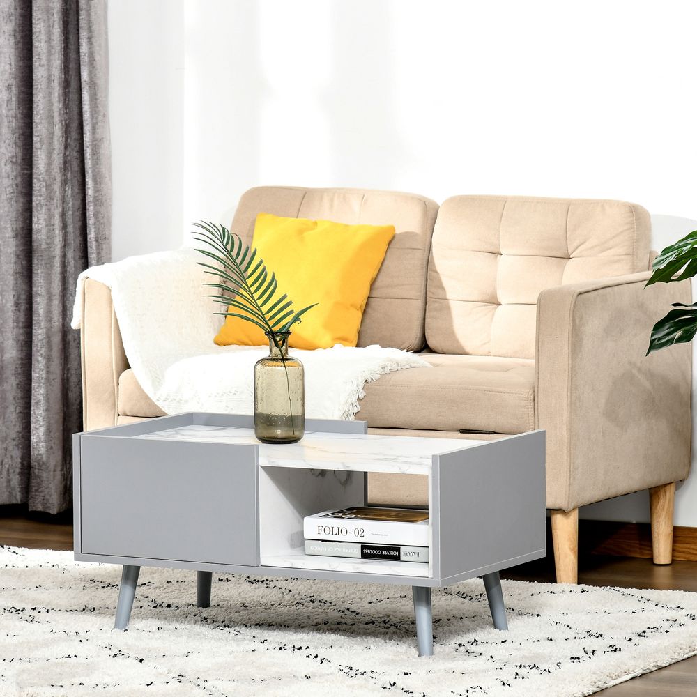 HOMCOM White Coffee Table with Faux Marble Top, 2-Tier Wood Center Table Sofa Table with Storage Drawer and Shelf for Home Living Room Reception Room