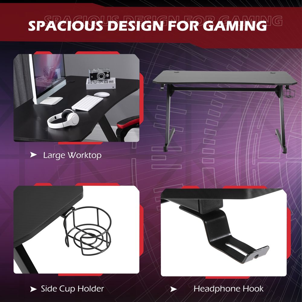 HOMCOM Gaming Desk Steel Frame with Cup Holder, Headphone Hook, Adjustable Feet and Cable Organiser, Home Office Computer Table, Black, Modern, 120 x 65 cm