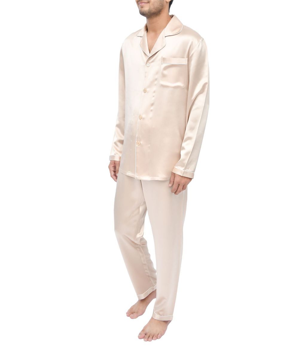 SILK PJS LONG SET MENS SMALL CHAMPAGNE Pyjamas