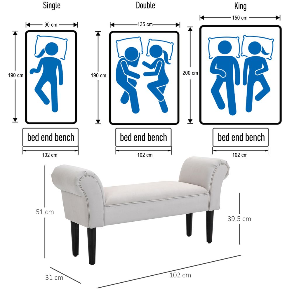 Elegant Flannelette Home End Bench Wood Legs Padding High Scrolled Ends