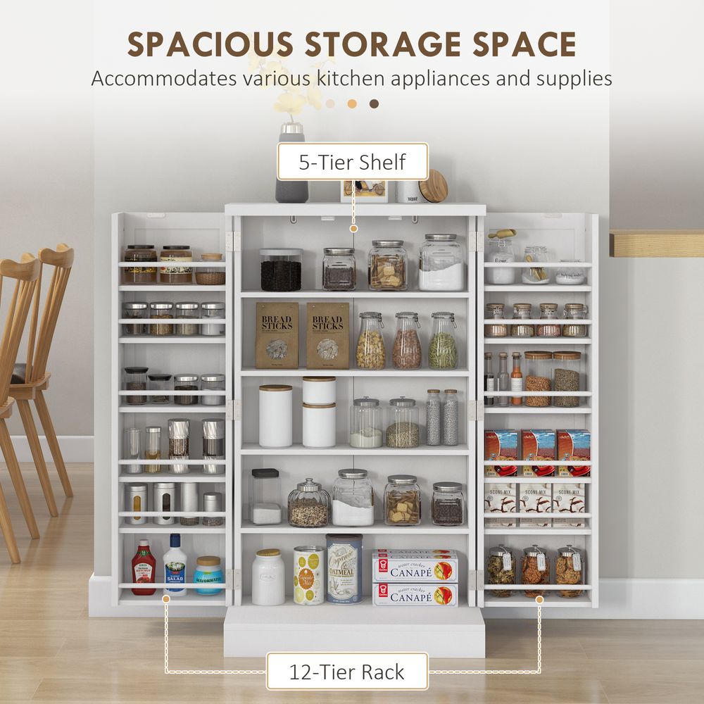 HOMCOM Kitchen Cupboard: Double Doors, 5-Tier Shelf, 12 Spice Racks, White