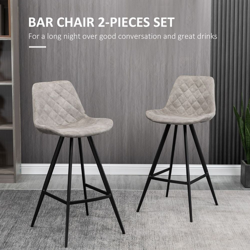 HOMCOM Set Of 2 Bar Stools Vintage Microfiber Cloth Tub Seats Padded Steel Grey