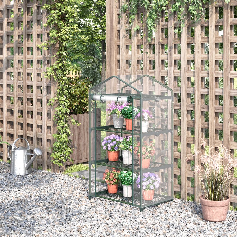 Premium 3 Tier Mini Greenhouse, Roll Up Door, Wire Shelves, 69x49x125cm