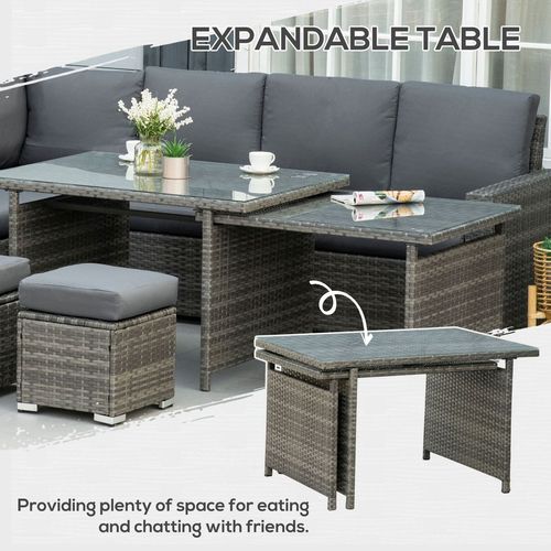 Outsunny 10-Seater Sofa Sectional W/ Cushioned Seat, Footstools and Glass Table
