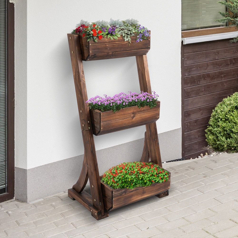 Outsunny 3-Tier Wooden Flower Rack - Raised Garden Bed for Plants, Herbs, and Flowers