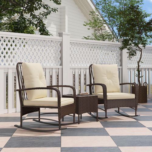 Outsunny Rattan Bistro Set Balcony Furniture with Rocking Chairs, Brown