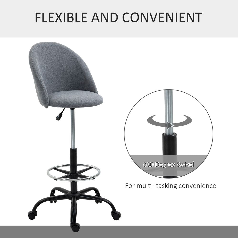 97cm Draughtsman Chair Home Office  5 Wheels Padded Seat Grey Vinsetto