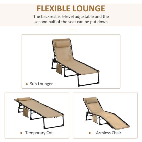 Portable Sun Lounger, Adjustable Backrest PillowBeige